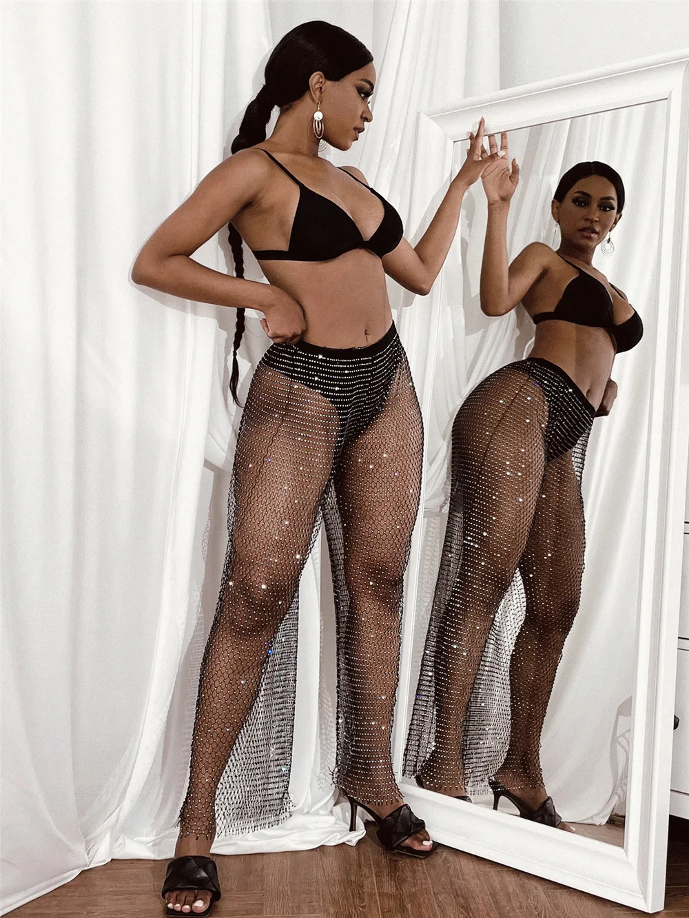 

Women Sparkly Rhinestones Mesh Lose Straight Pants Sexy Hallow Out Fishnet Beach Bikini Party Clubwear Cover Up