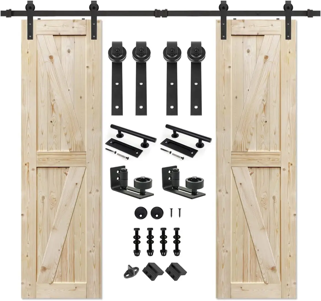 

24 in. x 84 in. Double Unfinished British Brace Knotty Barn Door with 8FT Sliding Door Hardware Kit/Solid Wood/Sliding