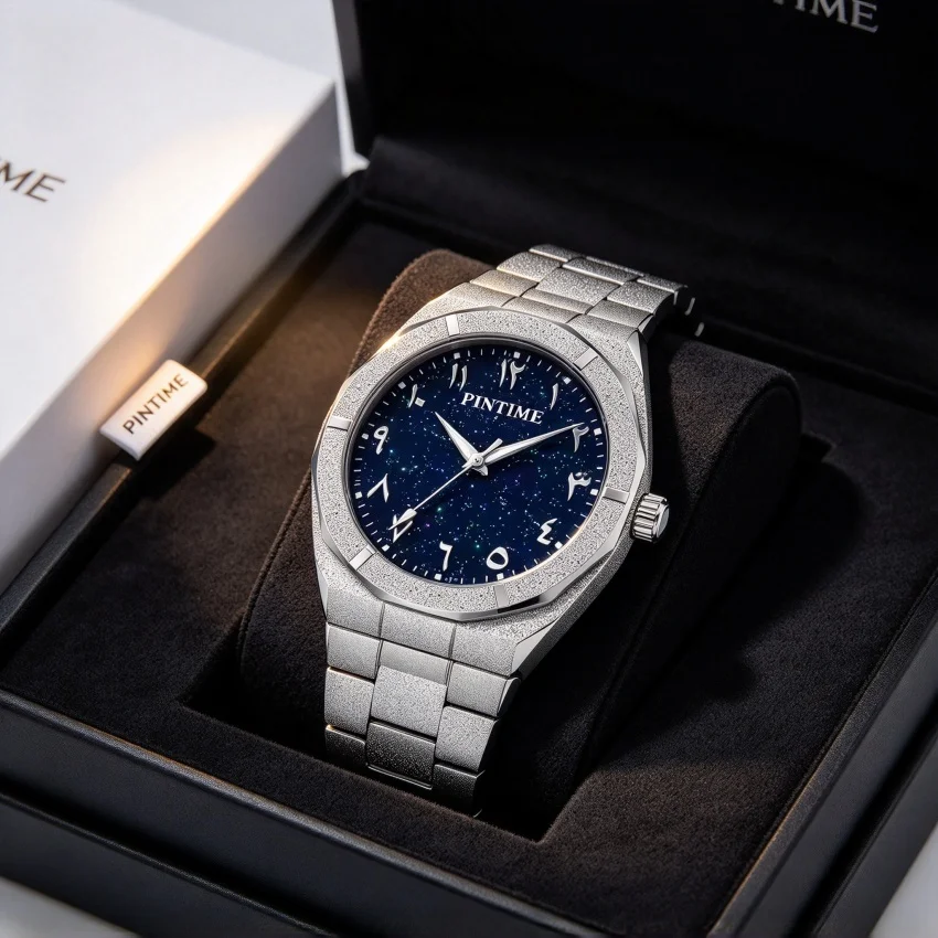 Men Quartz Watch Arabic Numerals Starry Dial Frosted Gold or Silver, Metal Bracelet Zinc Alloy Case Business Classic Chic
