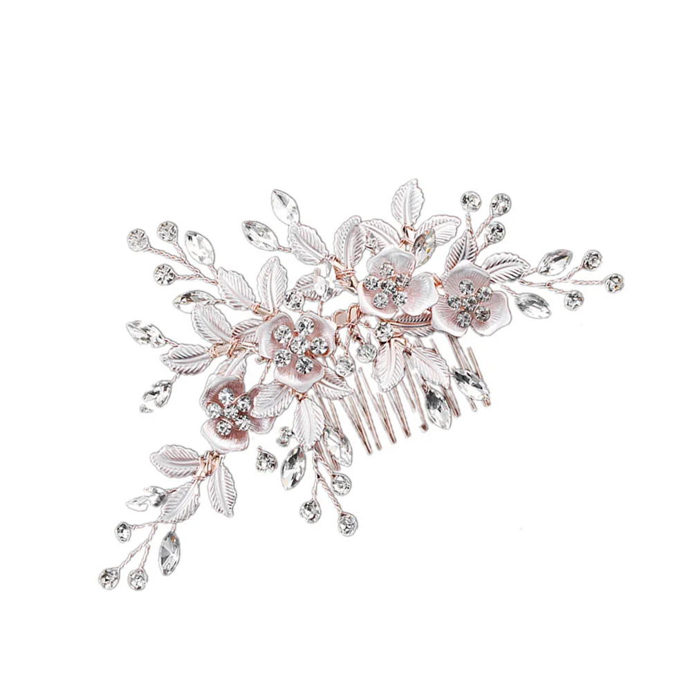 

Floral Crystal Hair Comb Bridal Wedding Accessories Elegant Headdress Rose Gold Handmade Decorative Bridal Comb Hairpieces
