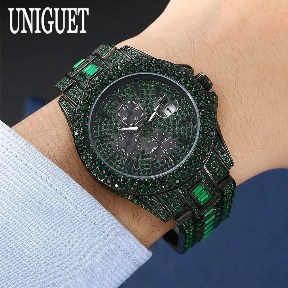 Hot UNIGUET Fashion Green Diamonds Watch For Men Luxury Stainless Steel Auto Day Quartz Watches Man Hip Hop Iced Out Wristwatch