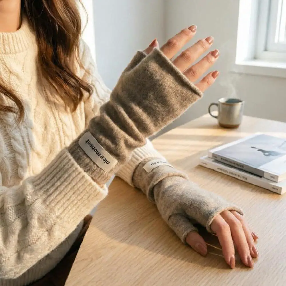 Casual Thick Warm Fingerless Knitted Gloves Faux Cashmere Soft Stretch Arm Warmers Solid Color Acrylic Fiber Hand Covers Office