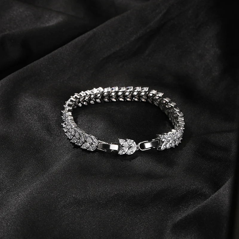 Hip Hop 3A+ Cubic Zirconia Bling Iced Out 2 Rows CZ Stone Wheat Ear Shape Tennis Link Chain Bracelet for Men Rapper Jewelry Gift