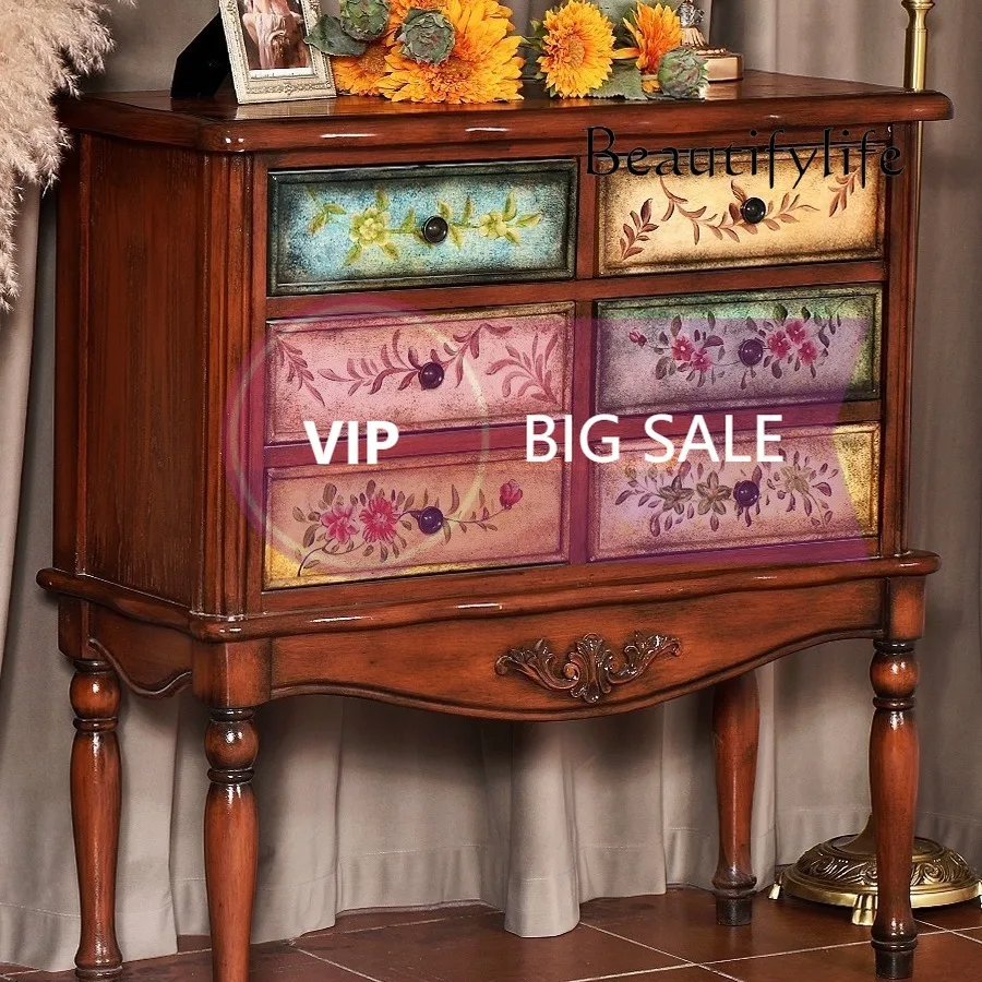Nl Rural Entrance Cabinet Solid Wood Living Room Home Storage Hand-painted Storage Bedroom Living Room Dining Side Cabinet
