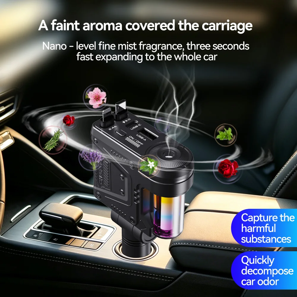 5 in 1 Car Charger with 66W Super Fast Charging Retractable Type‑C Lightning Cable Car Cigarette Lighter Adapter Auto for phone（ view 5