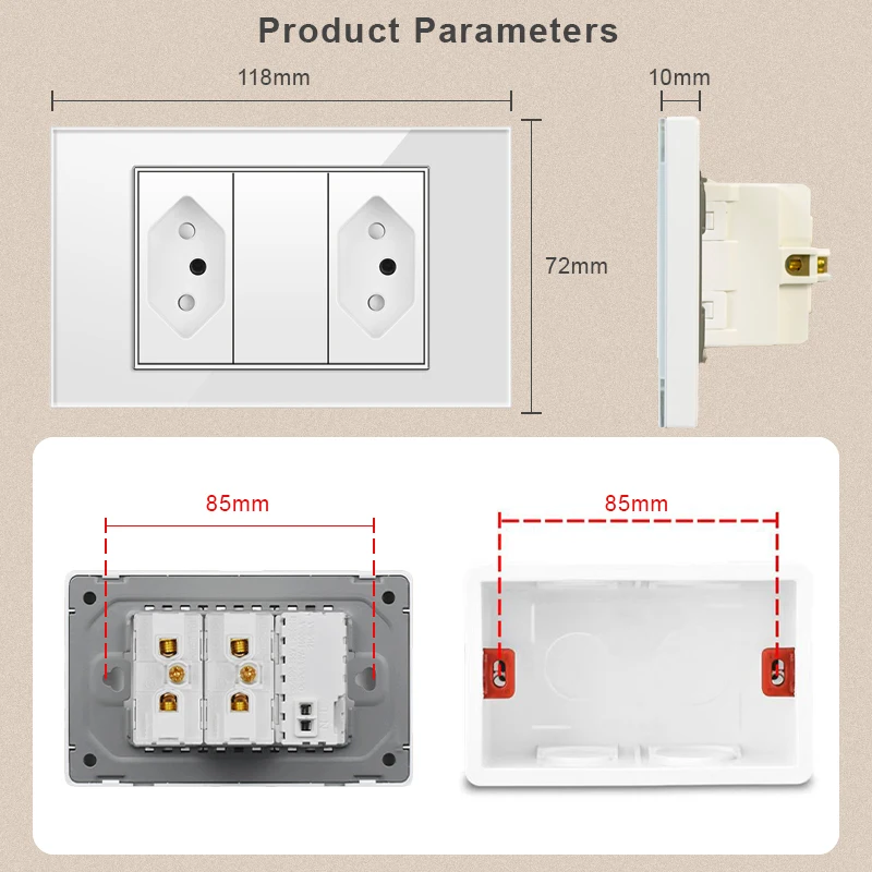 NOVSKI Brazil Standard 10a 20a socket, 118*72mm Tempered Glass Panel, 2 gang BR wall outlet