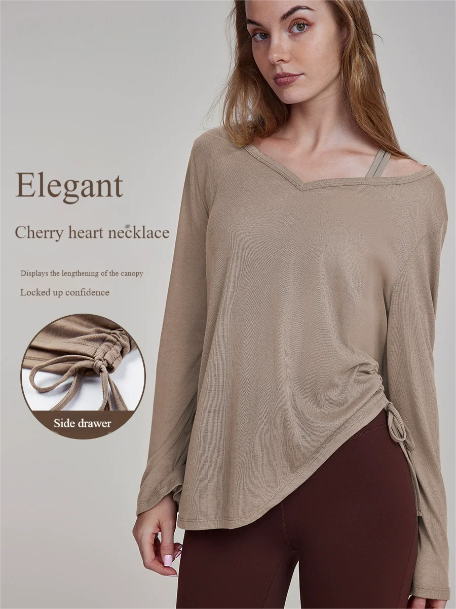

Women's Long Sleeve Pleated Yoga Top Cover Up High-Waist Drawstring Spring Casual Fitness Outfit Khaki Purple White Pink