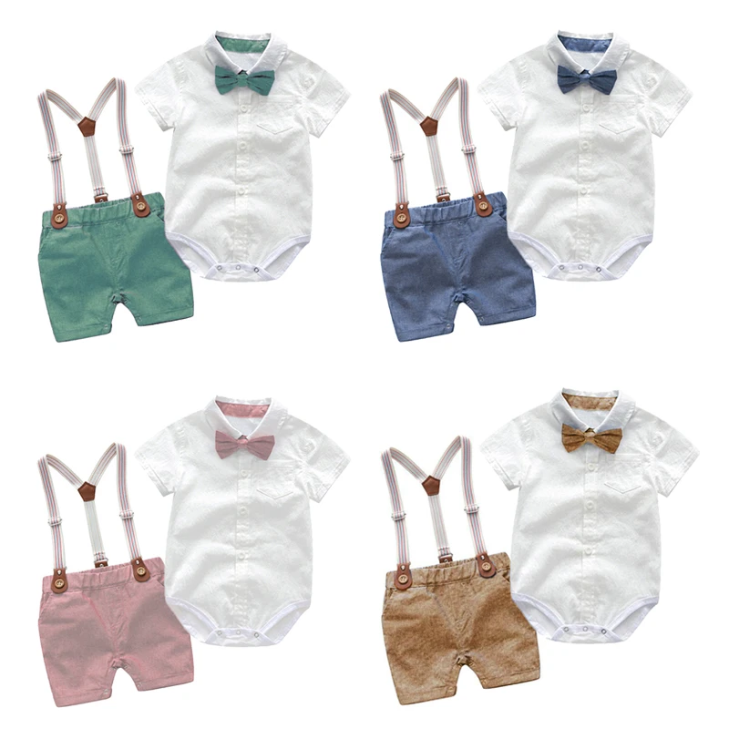 Newborn Baby Boy Bow Formal Romper Clothes Suits Gentleman Party Suit Soft Cotton Jumpsuit + Suspender Pants Infant Toddler Set