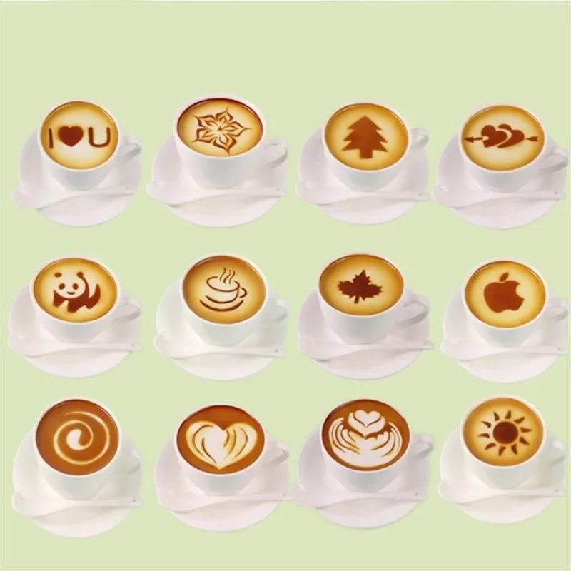 16 PCS/ Set Mixed Styles Cappuccino Latte Coffee Stencils Duster Cake Mold Spray, Coffee DIY Art Stencils