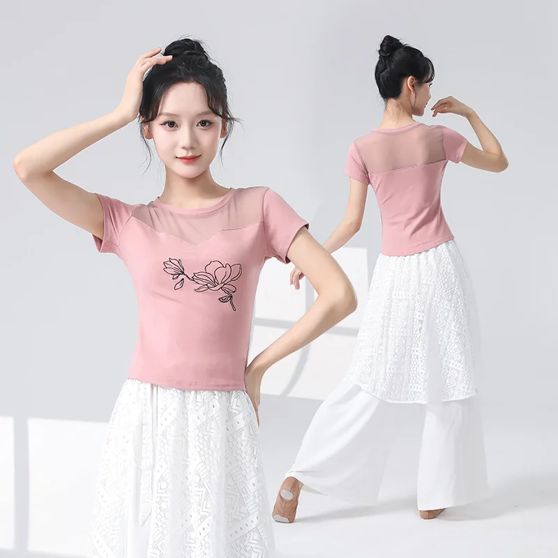 Roupas de prática de dança moderna feminina verão nova camiseta de manga curta malha fina costura clássica d roupas desempenho topo