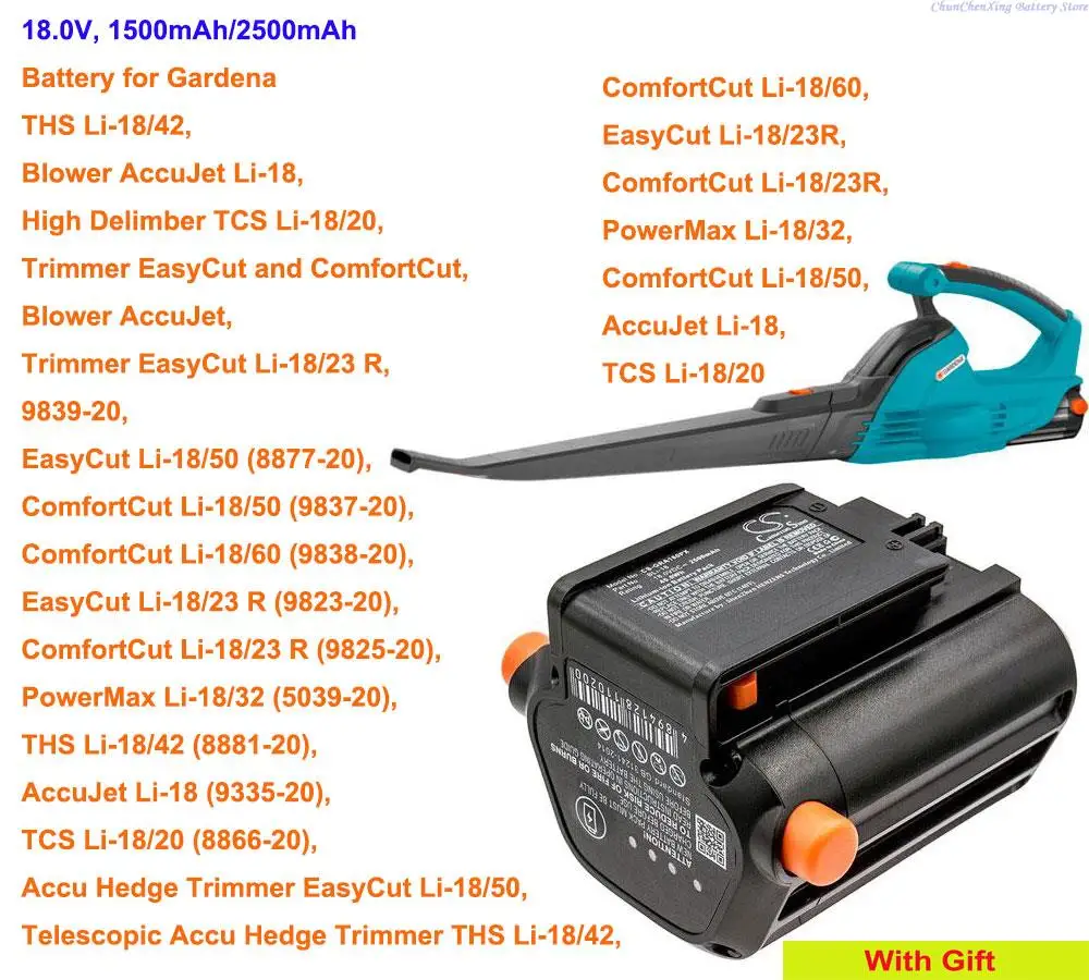 Cameron Sino 1500mAh/2500mAh Battery for Gardena 8866,8877,9335,9823,9824,9825,9839,9839-20, EasyCut Li-18/50