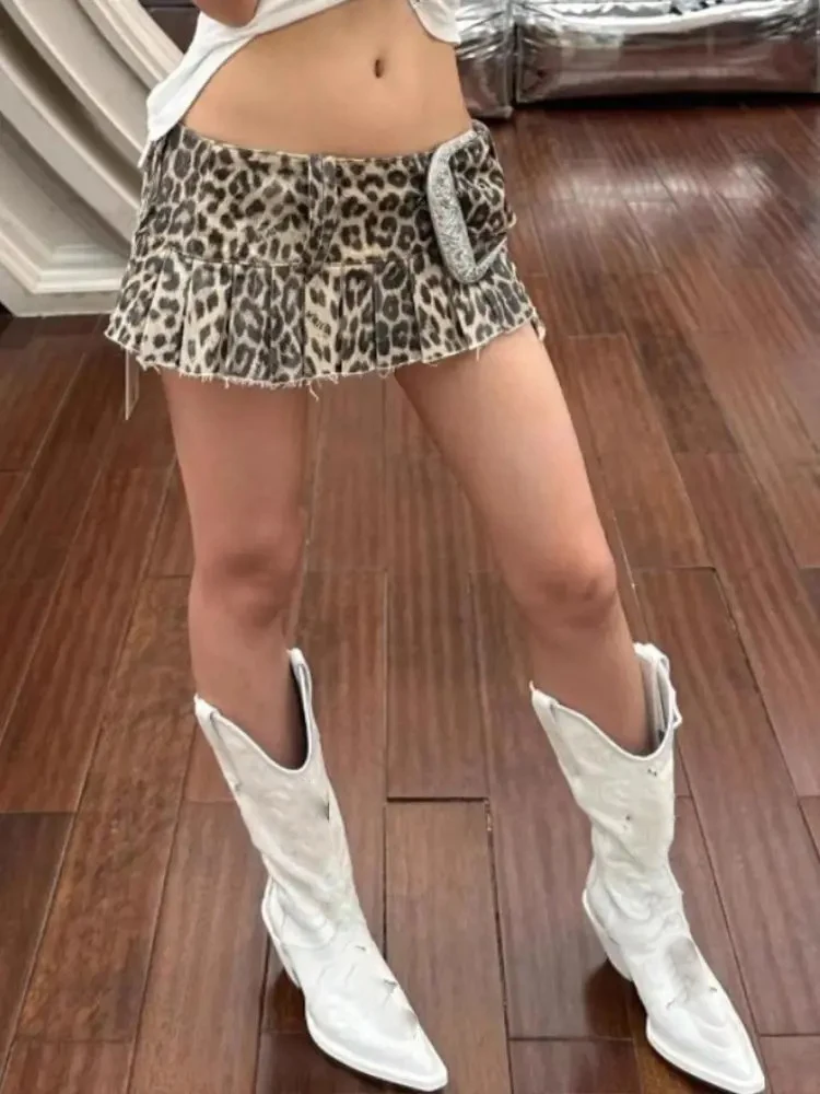

American High Street Print Denim Skirts Sexy Low-waist A-line Leopard Skirt For Women Y2k Subcultural Vintage Women's Clothing