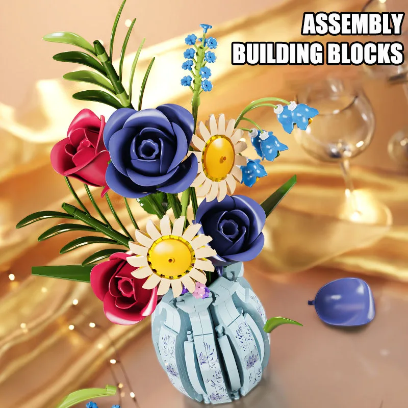 Creativo 787PCS Blu Rosa Vaso Piante Modello Building Blocks MOC Romantico Classico Bouquet di Fiori In Vaso di Mattoni Giocattolo Per I Bambini Regalo