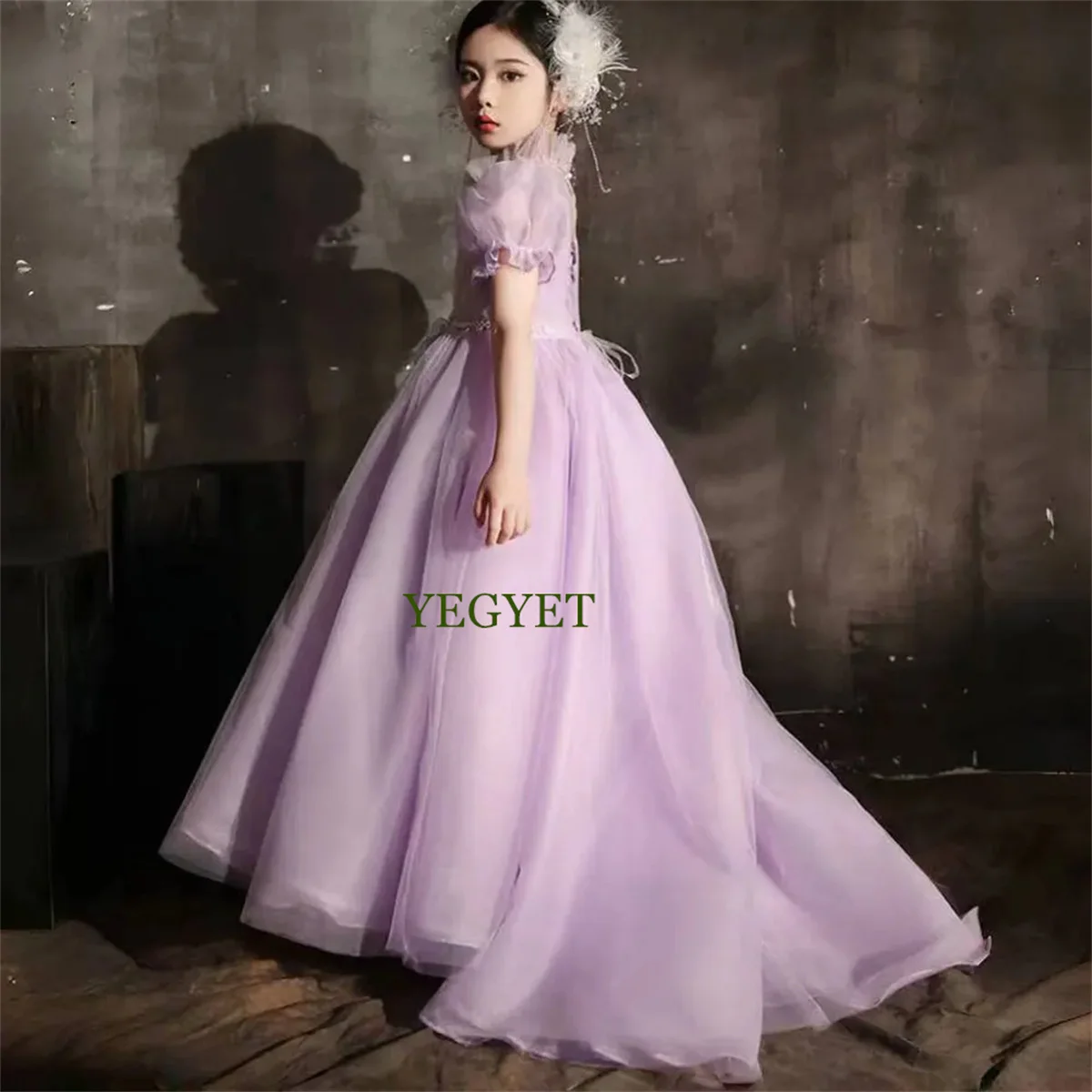 Elegant Lilac Dubai Girl Dress Handmade Flowers Kids Princess Birthday Wedding Party Children Holiday Gown