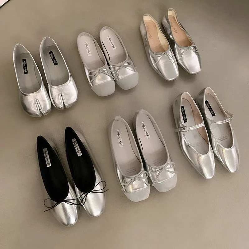 2024 Sliver Women Flat Shoes Brand Designer Mary Janes Shoes Woman Round Toe Japanned Leather Flats Vintage Loafer Mujer Girls