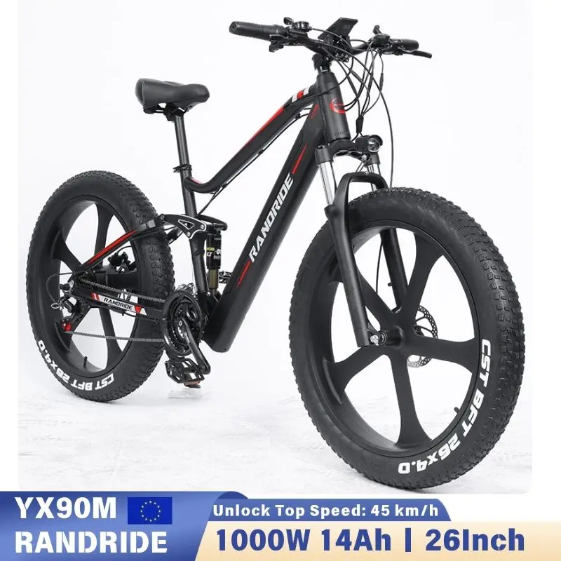 RANDRIDE YX90M Vélo Électrique 1000W 14Ah Pneus Fat 26" Pleine Suspension Cadre Aluminium Freins Hydrauliques Vitesse Maximal