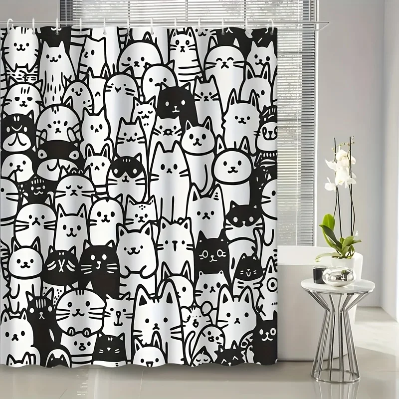 1pc Cute Black & White Cartoon Cat Shower Curtain, Polyester, Bathroom Decoration with 12 Hooks, Machine Washable, Animal Theme,