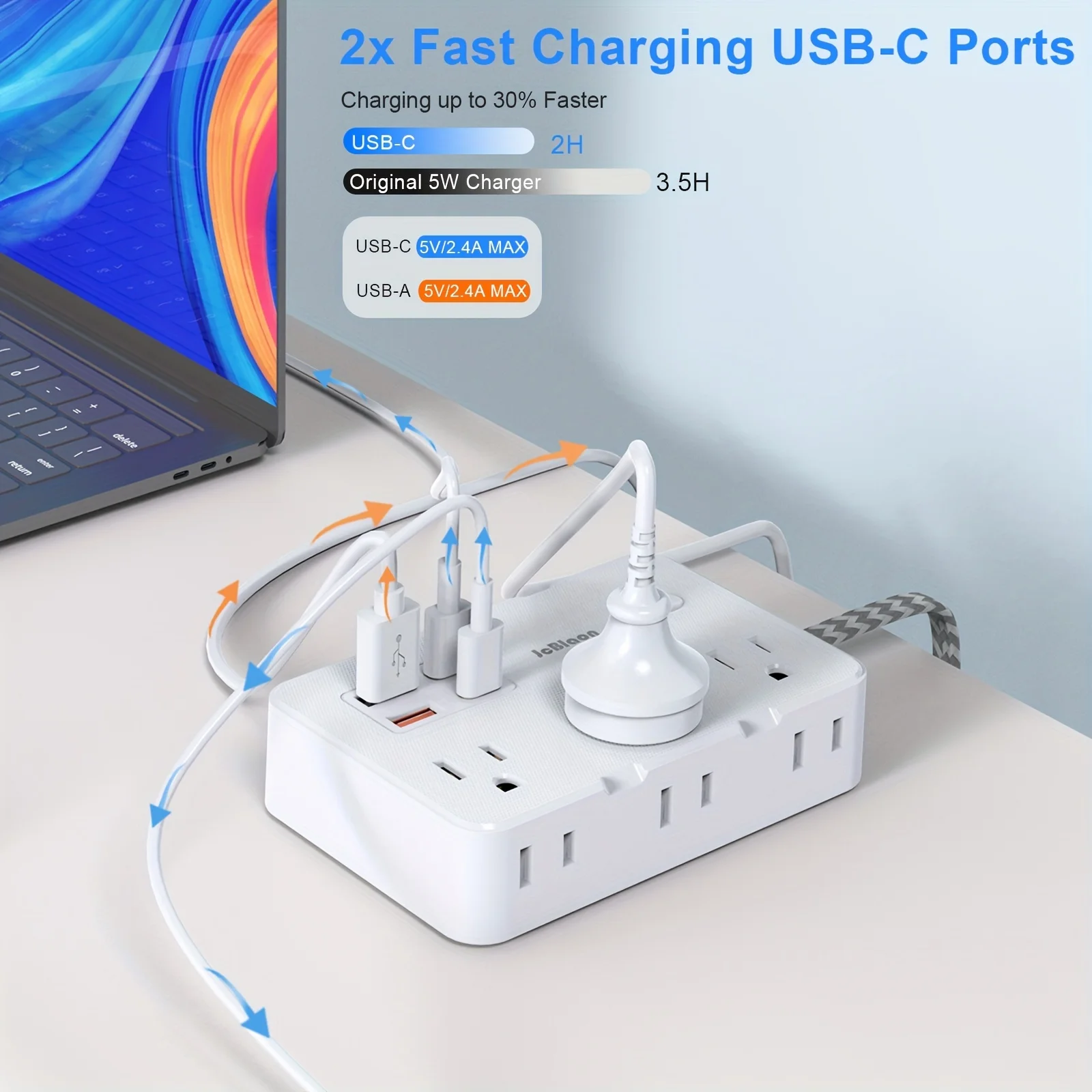 Faixa de alimentação multicap, Plugue EUA, Tomada AC, Porta USB, Tipo C, Cabo de extensão trançado, Casa inteligente, Tomada elétrica, Filtro de rede, 5 pés