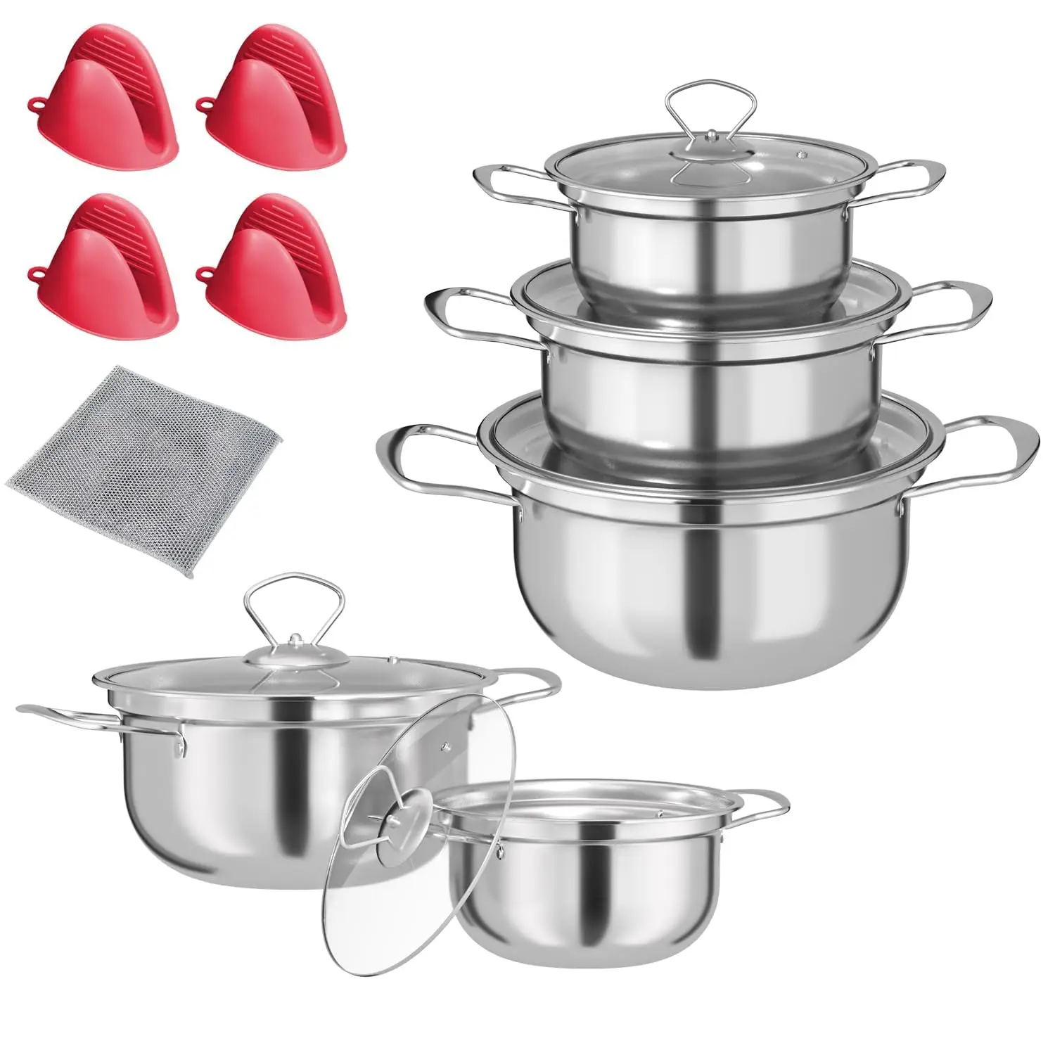 Conjunto de Panelas de Aço Inoxidável com 5 Peças e Tampas – Compatível com Indução, 2-8 Qt (8, 6, 4, 3, 2 Qt) para Sopa, Massa, Ensopados – Lavável na Máquina de Lavar Louça