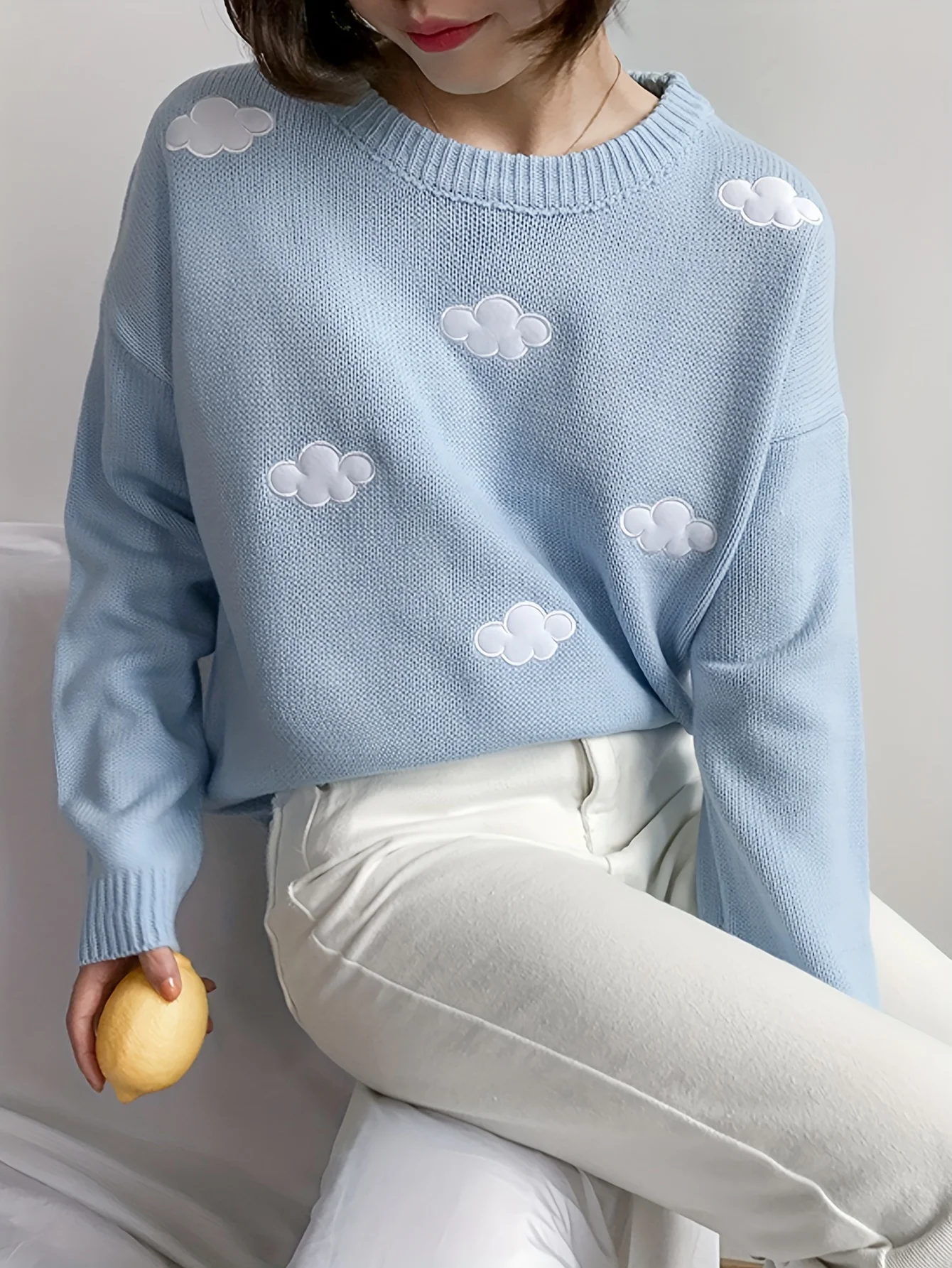 Women\'s Cute Cloud Embroidered Pullover Knit Sweater Winter Kawaii Preppy Style Crew Neck Knit Sweaters for Female