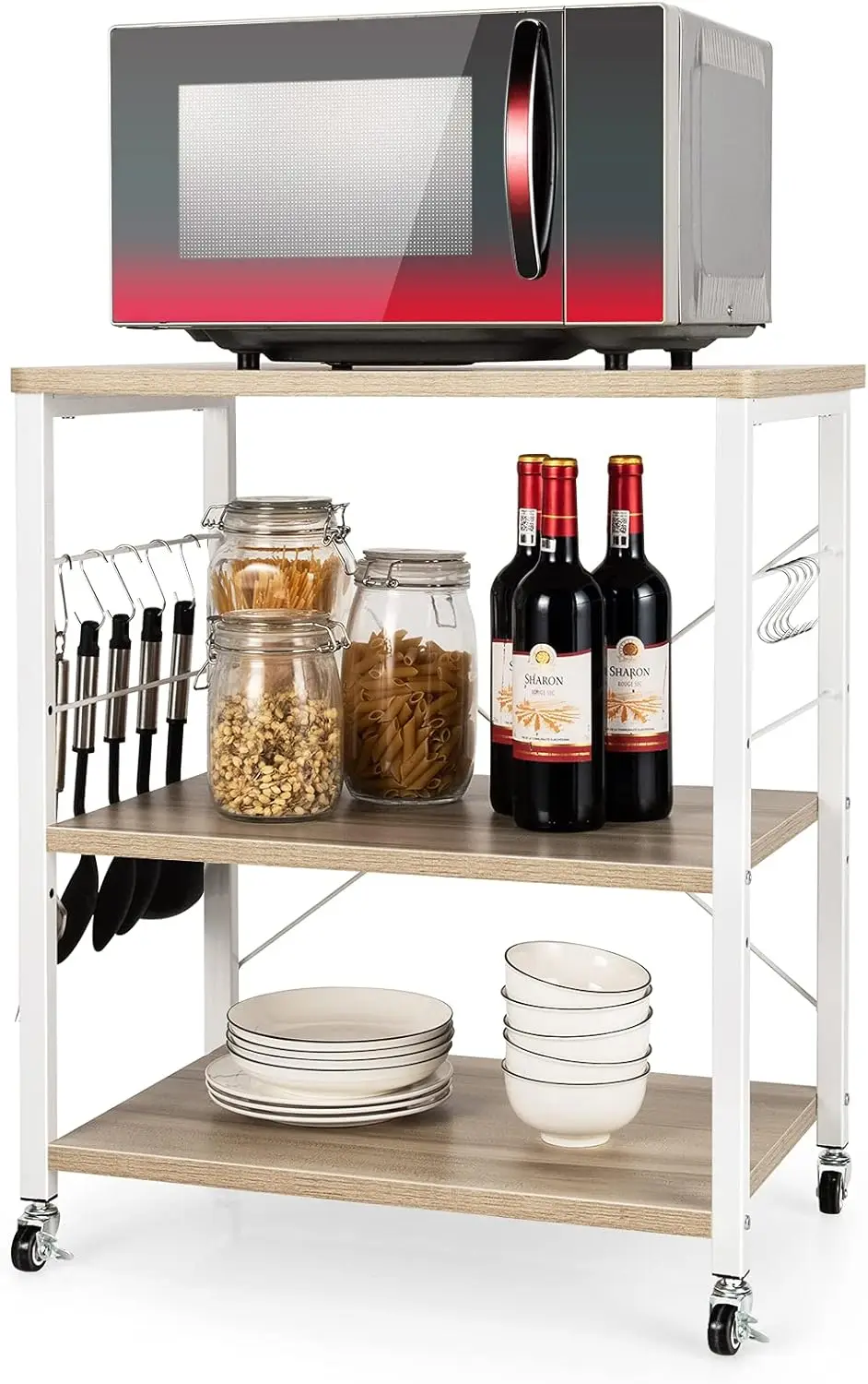 

Kitchen Bakers Rack 3-Tier Microwave Cart on Wheels, Industrial Utility Bar Cart with 10 Hooks Metal Frame Wood Storage