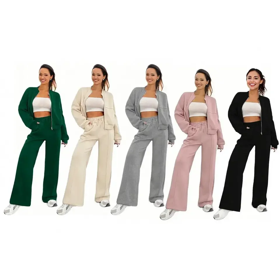 

Autumn Outfits For Women 2 Piece Set Solid Color Zipper Loose + Drawstring Wide-leg Trousers Camping Sport Femme Sets