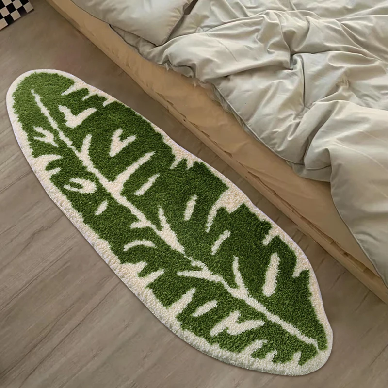 Green Leaf Bedside Rug Soft Fluffy Tufting Bedroom Mat Carpet Area Floor Pad Doormat Aesthetic Home Kids Room Nursery Decor