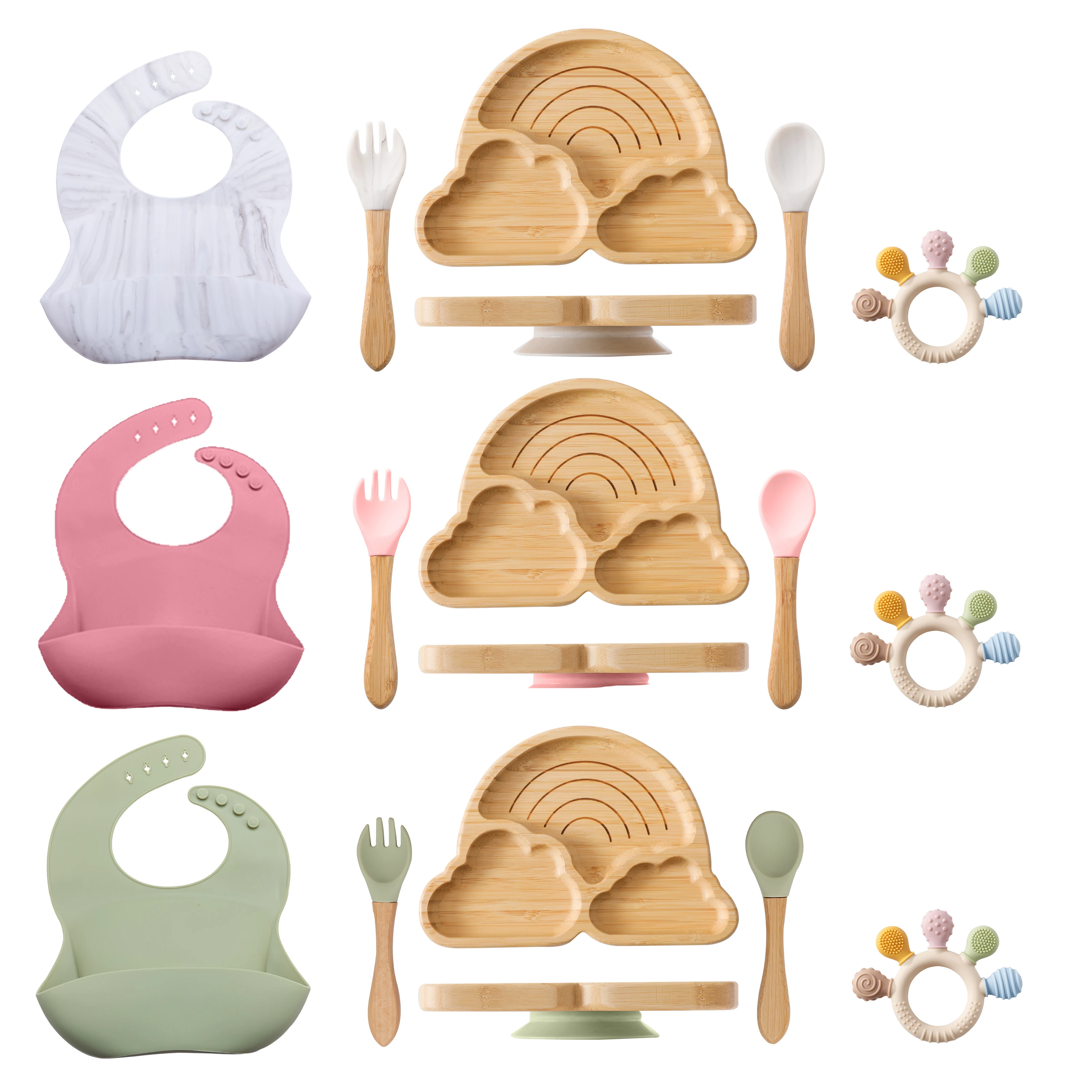 

4 PC Bamboo Baby Tableware Set,Includes Silicone-Grip Wooden Tray, Wooden-Handled Fork Spoon Set, Teether Set,Baby Accessories