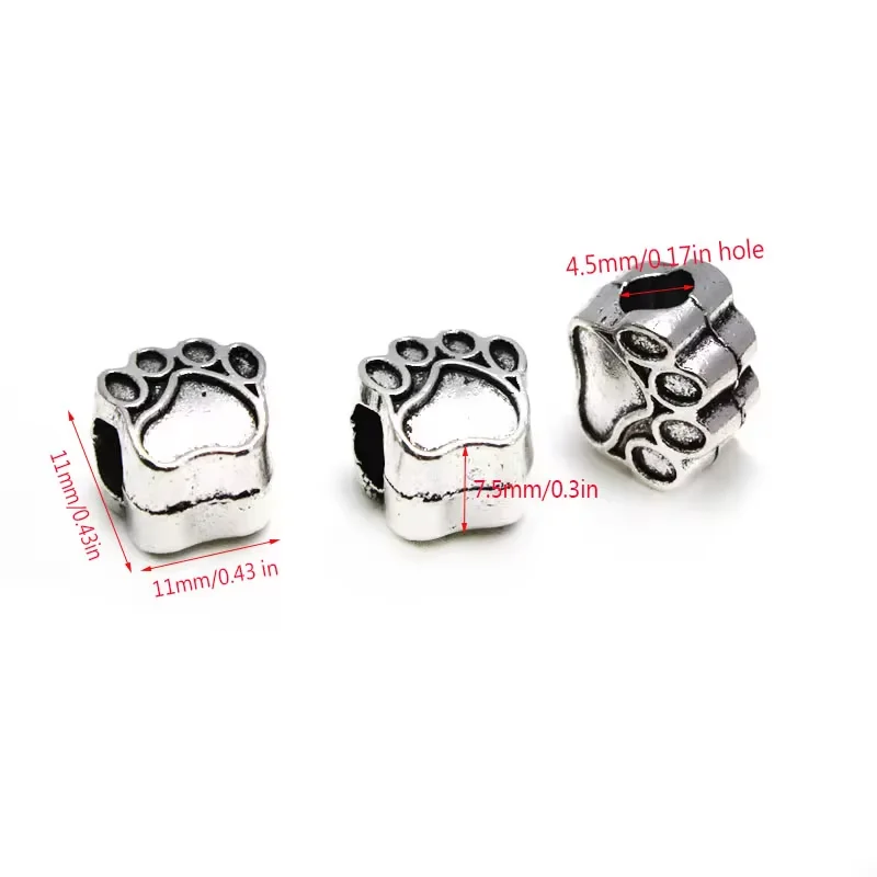 10 Stück/Los Antik-Silber-Bronze-Metall-Perlen, handgefertigt, mit großem Loch, 4,5 mm, Hundepfote/Bärenpfote-Perlen-Charms für die DIY-Schmuckherstellung – Detail 1