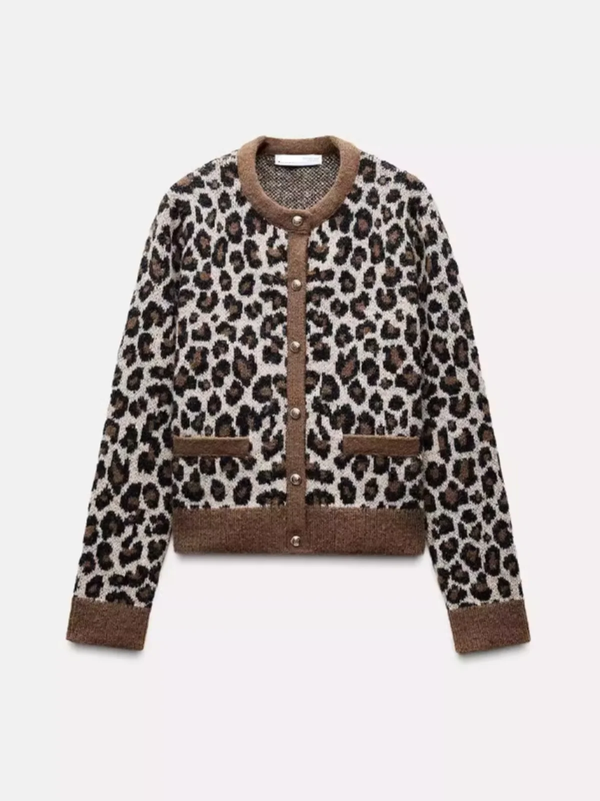 

Brown Leopard Print ort Knitted Sweater round Ne Open Cardigan Coat Women Autumn Winter Small Size Korean Sle Straight Cut