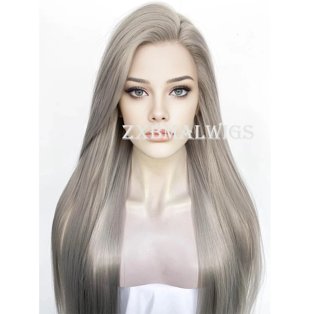 Synthetic Hair Pastel Blondish Grey Straight Glueless 13X4  Lace Front Wig For Women Preplucked   Heat Temperature Daily Cosplay