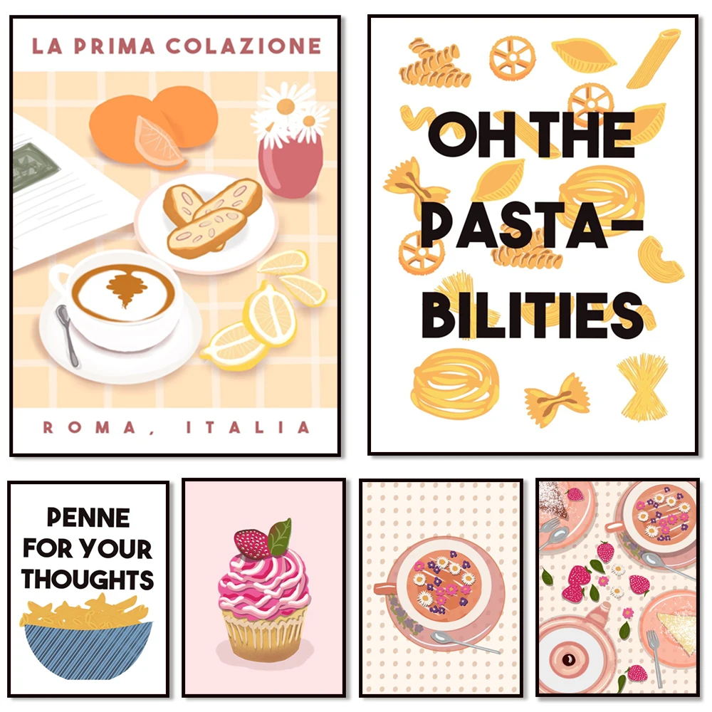 

French breakfast, afternoon tea, tea cups, pasta, pink icing cupcakes, Oh les Pastabilities kitchen decoration food poster