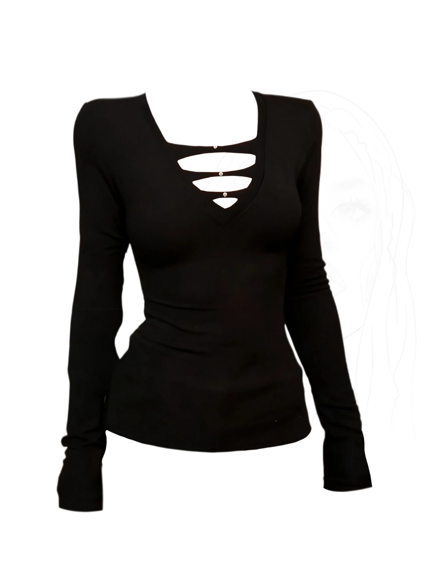 

Women's Black Gothic Y2k 2000s Emo Hollow T-shirt Vintage Harajuku Gyaru V-Neck Tee Top Long Sleeve Oversize T-shirts Clothes