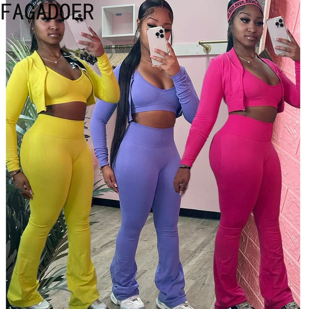 FAGADOER Fashion Solid Color Sporty Flare Pants Women Vest + Long Sleeve Crop Coats + Skinny Pants 3 Piece Sets Female Outfits