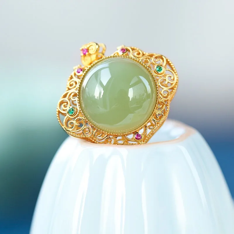 Natural Hetian jasper crystal double-sided pendant palace style hollow can open the Gawu box necklace ancient silver jewelry image 3