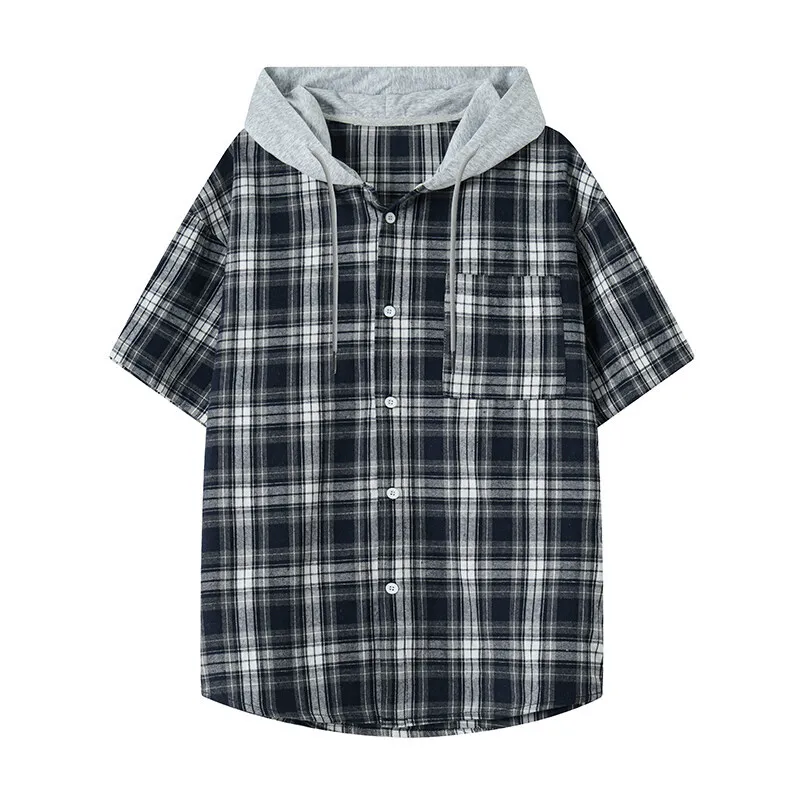 Summer Short Sleeved Shirt Men Fashion Retro Casual Hooded Shirt Men Streetwear Korean Loose Plaid Shirts Man Large Size 4XL