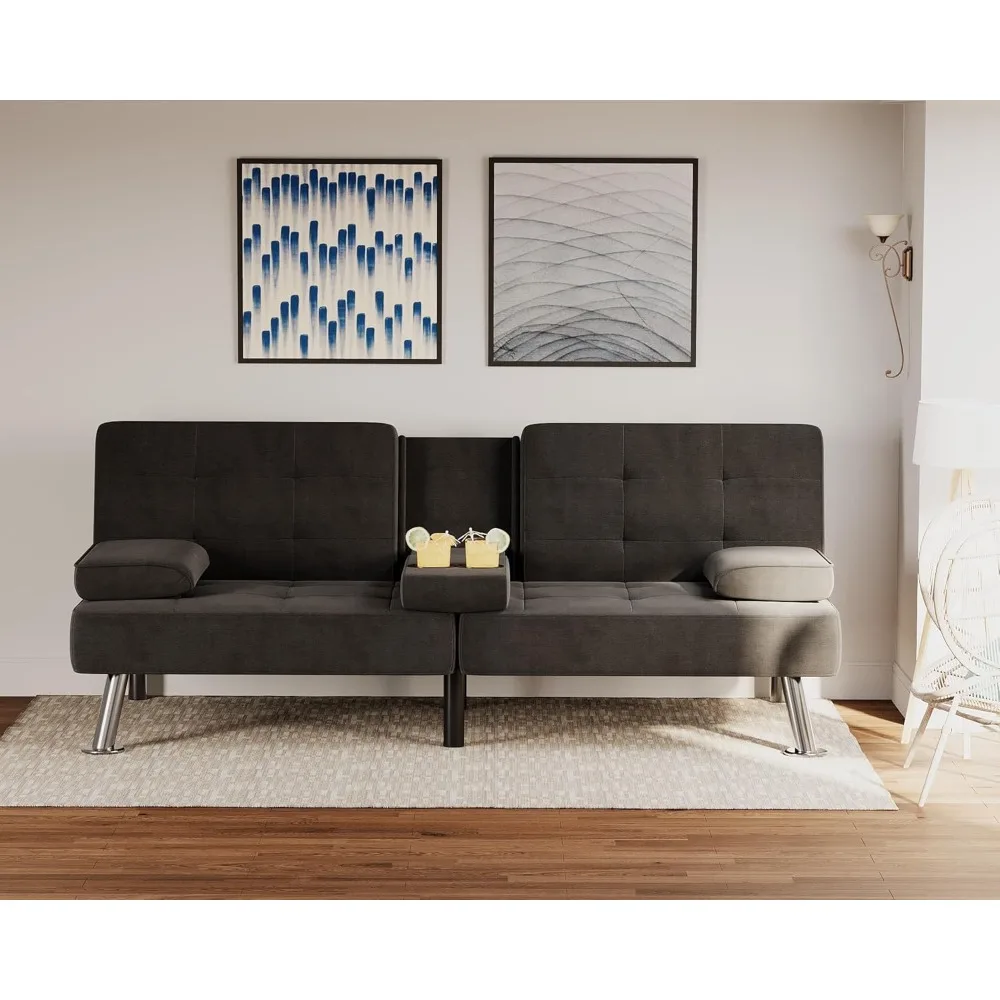 Modern Convertible Futon Sofa Bed with Linen Fabric, Recliner Lounge, 2 Cup Holders for Living Room, Space-Saving Furniture