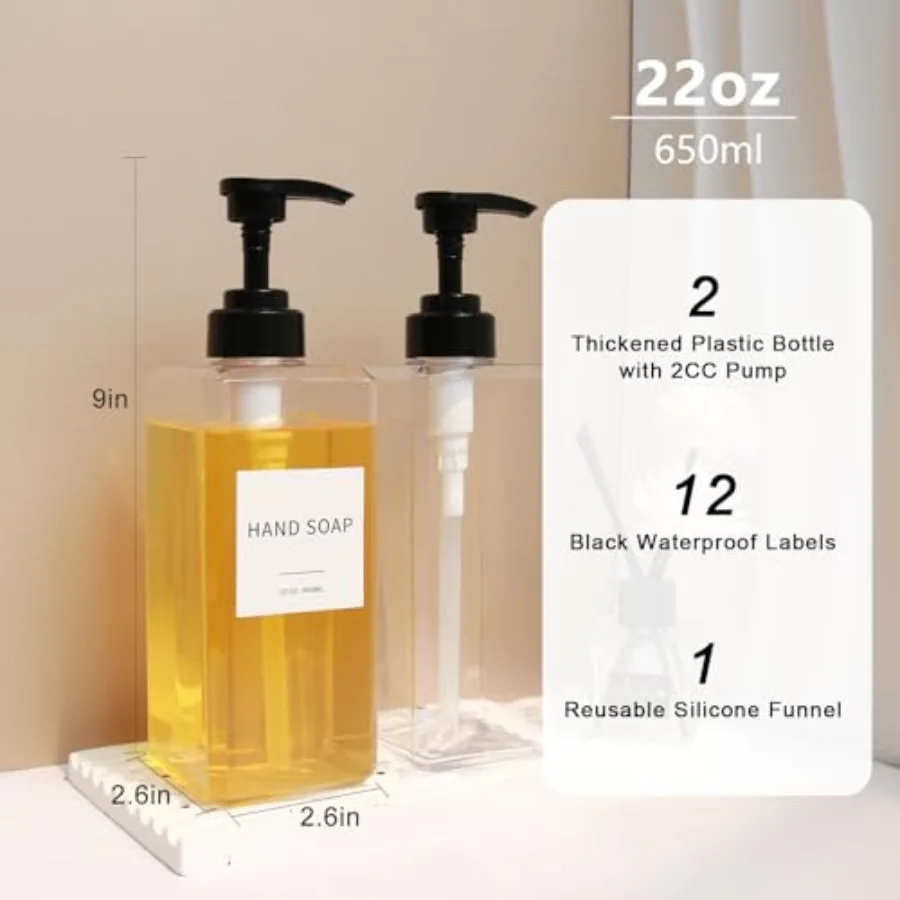 Clear Soap Dispenser with Waterproof Labels, Thickened Plastic Hand Soap Dispenser for Bathroom, Kitchen Dish Washing Liquid Bo