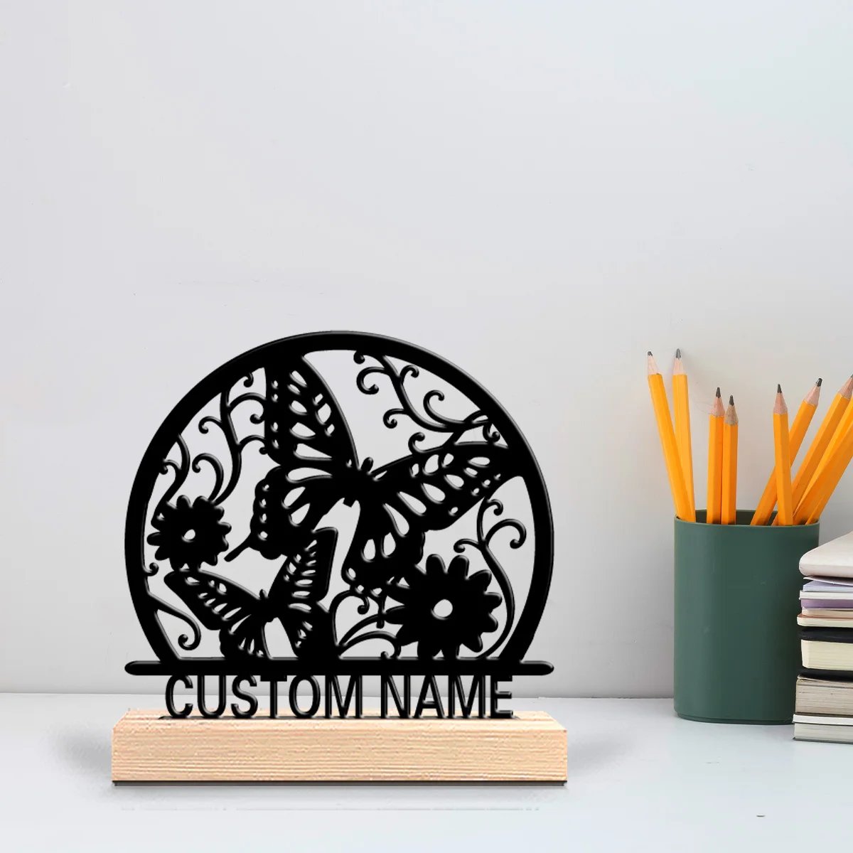 1pc Beauty Personalized Custom Butterfly and Flower Metal Statues With Wooden Base Tabletop Decoration Natural Elements And Pers