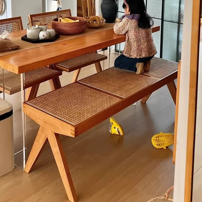 Japanese-style solid wood long stool retro rattan dining chair bed tail shoe change stool household living room coffee table log