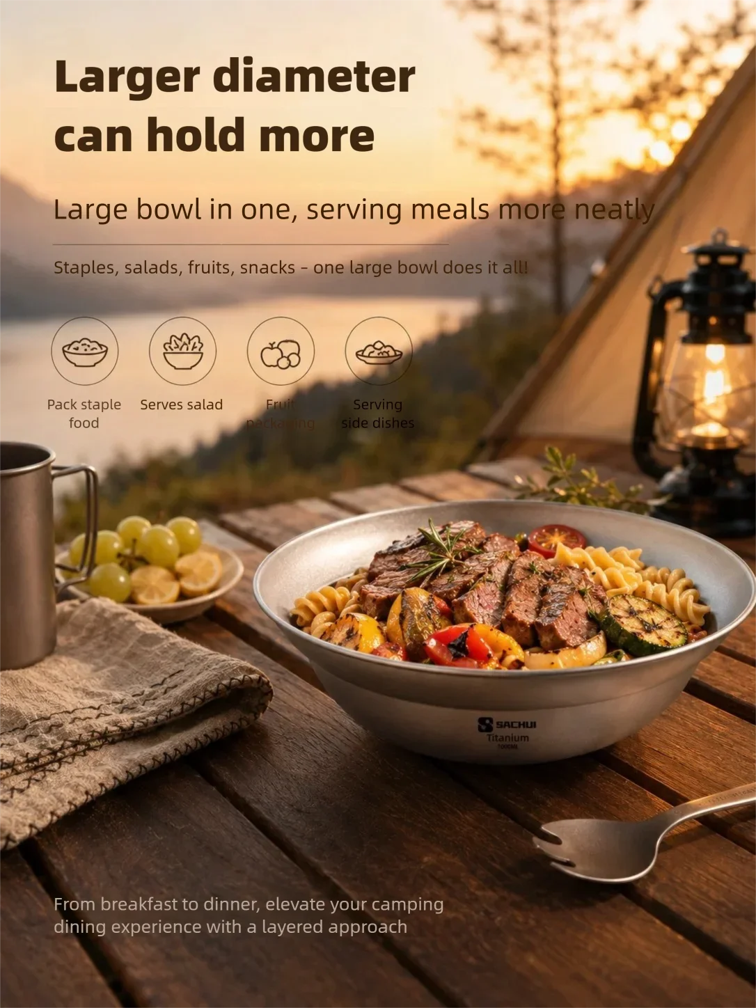 Reines Titan Camping-Geschirr: Große Schüssel, Teller, Besteck für Outdoor, Wandern, Reisen – Ultraleichte, tragbare Salatschalen und Lamian-Tischware – Detail 5