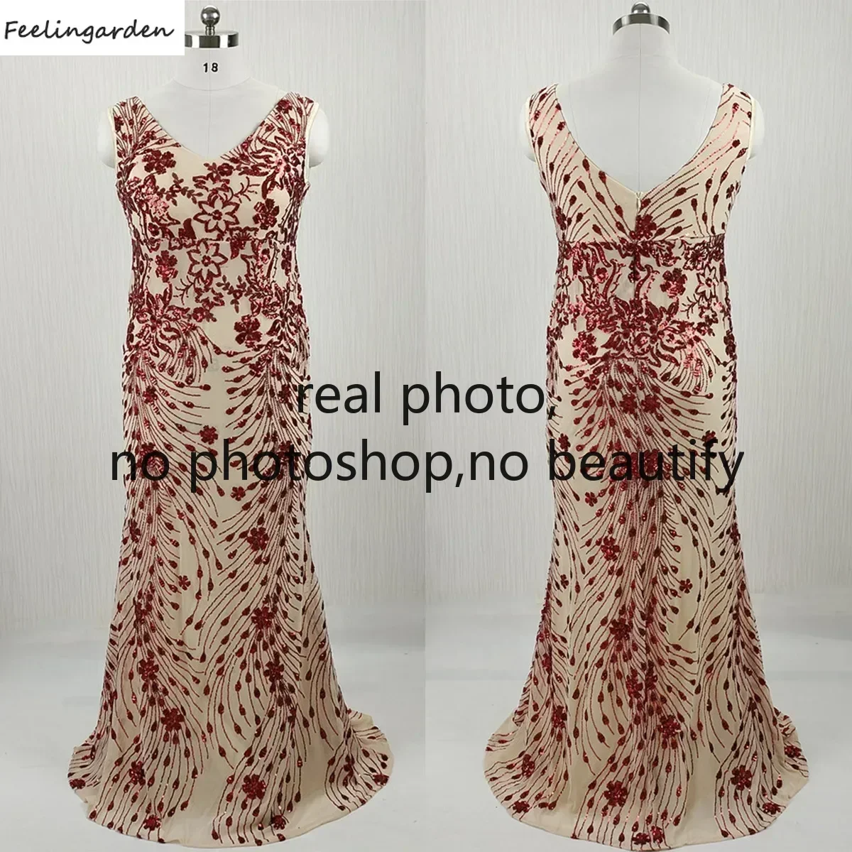 Feelingarden Customized Real Photo Plus size Evening Dress Wine Red Sequins V-neck Mermaid Floor Length Women Party Formal Gowns