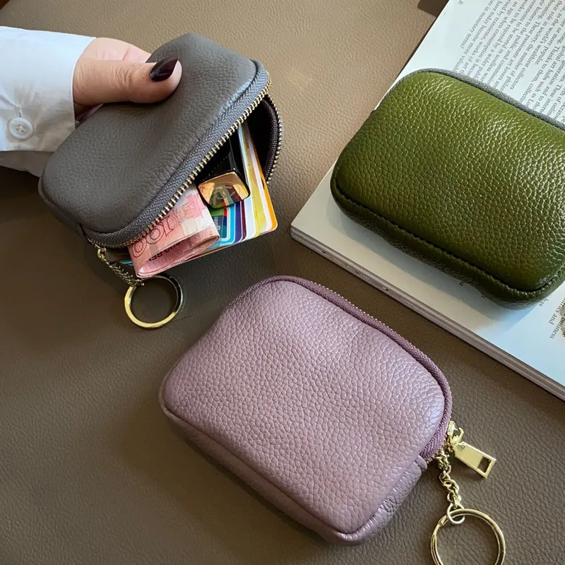 Women Genuine Leather Mini Wallet Personalized Keychain Coin Purse Top Grain Leather Zipper Small Wallet Compact Card Holder