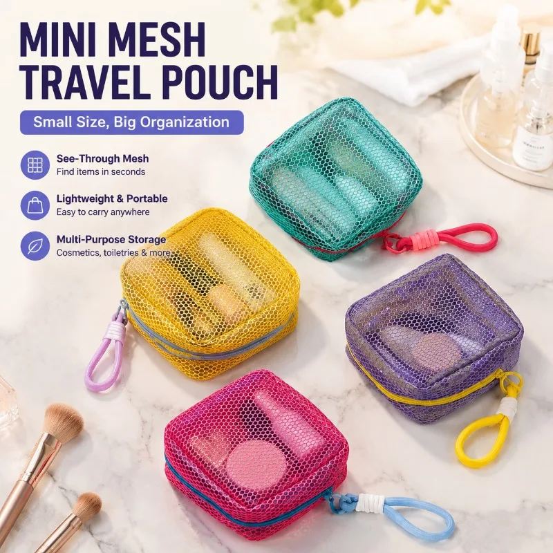 Dopamine‑style Mini Tofu‑shaped Mesh Cosmetic Pouch Portable Travel‑use Makeup‑storing Organizer for Touch‑up Toiletries