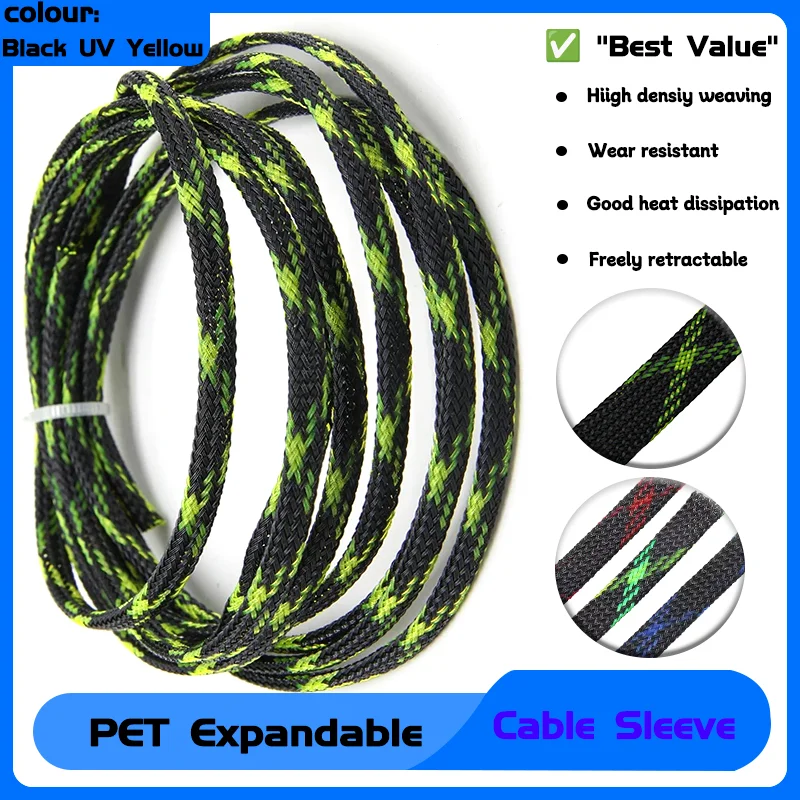 

2/4/6/8/10/12/16mm High Density Sleeving Snake Skin Cable Wrap Sheath For Electric Cables 1~50m Black UV YellowPET Braid Sleeve