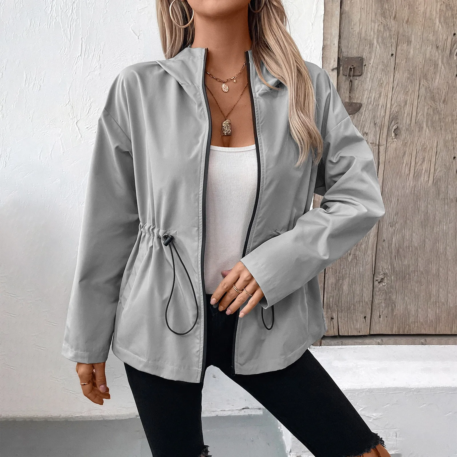 

Womens Autumn Winter Solid Color Super Windproof Slim Waist Stand Neck Jacket Casual Sports Style Fashion Polo Collar Coat