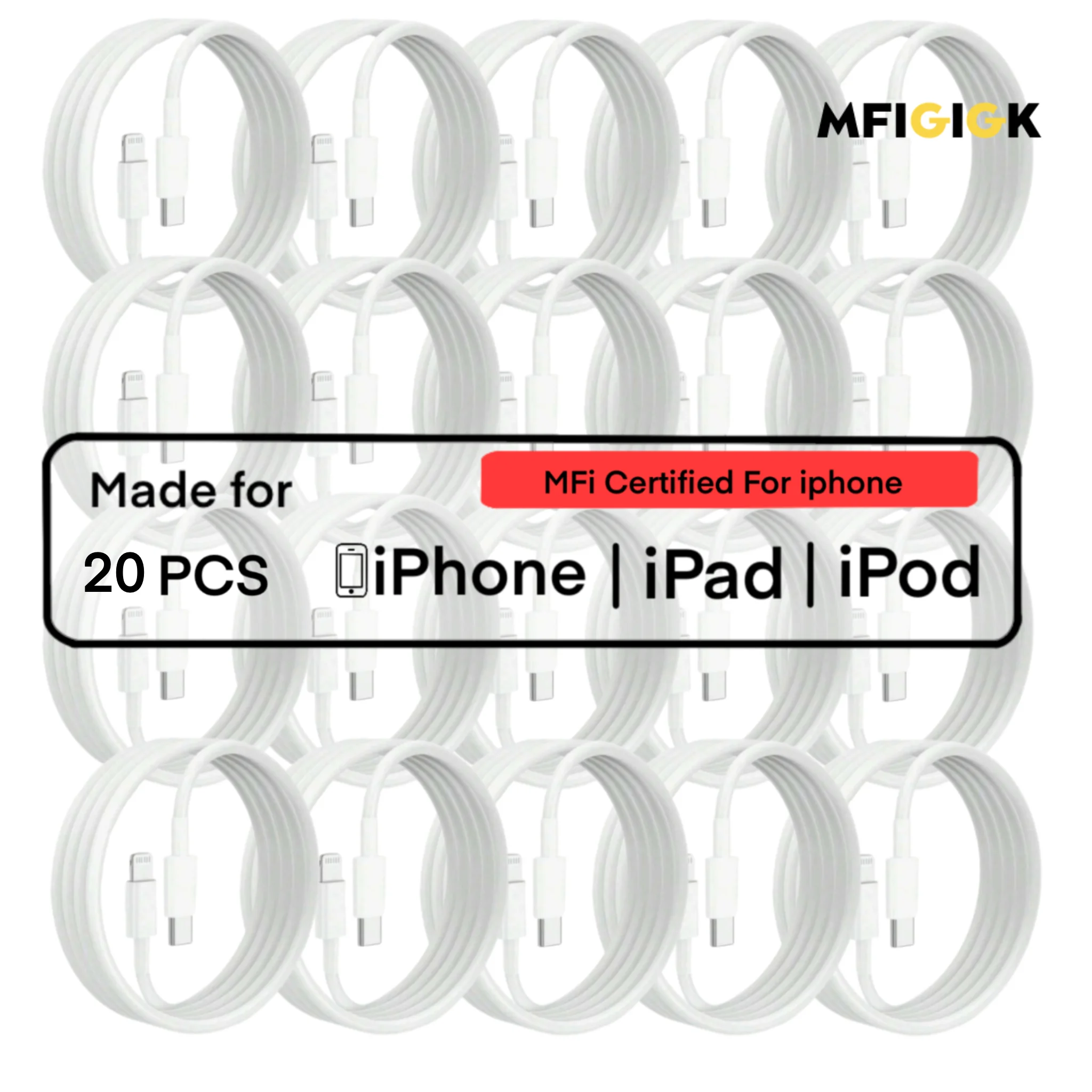 

Зарядный шнур MFIGlGK, 20 шт., совместимый с iphone 14 13 13 Pro Max 12 12 Pro Max 11 XS XR X 8 для ipad, белый