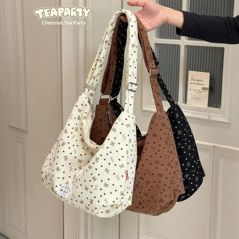 Vintage Floral Corduroy Hobo Bag, Adjustable Strap Large Capacity Shoulder Tote Bag For School Shopping Commute