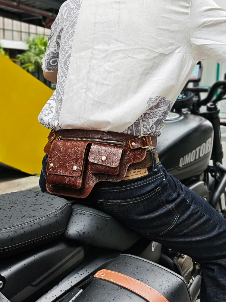 

Cool Punk Motorcycle Style Waist Bag, Retro Outdoor Sports Adjustable Genuine Leather Belt Bag, Fashion Fanny Pack