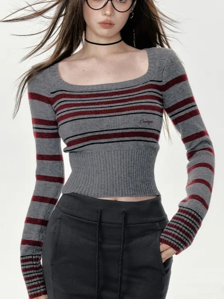 

Винтажный полосатый короткий свитер с вышивкой, женский осенне-зимний приталенный пуловер с длинными рукавами Y2k, модные базовые вязаные топы